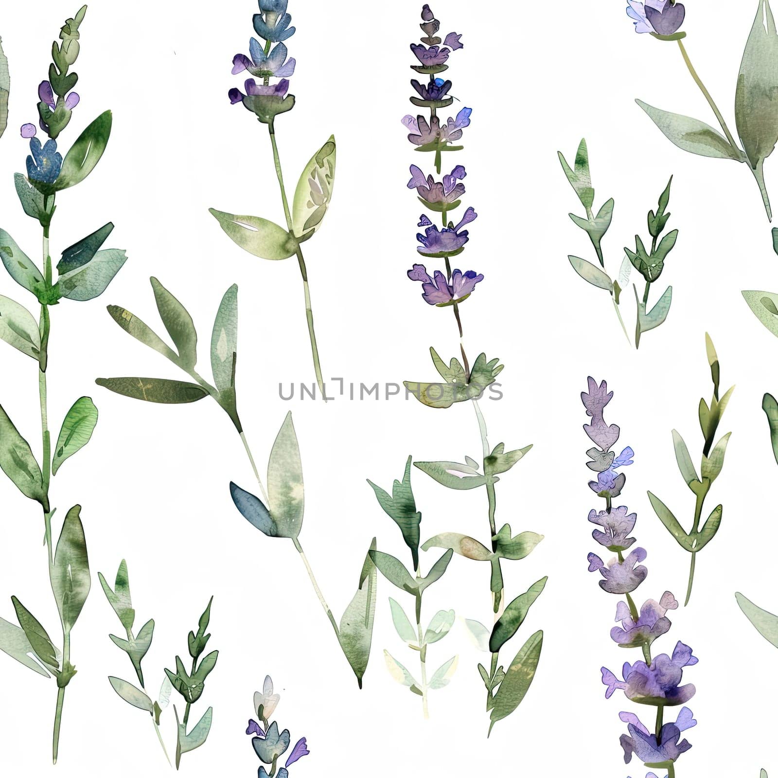 This artwork displays a collection of lavender plants in a captivating watercolor style, showcasing the intricate details of each flower and leaf against a clean white backdrop.