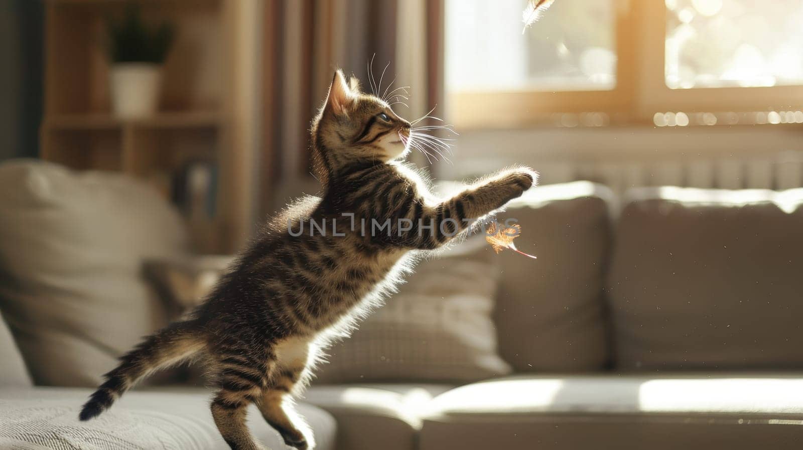 A tabby kitten energetically leaps to catch a feather toy in a sunlit, contemporary living room. the scene is vibrant and lively, showcasing the playful nature of the kitten against a stylish and comfortable home setting.