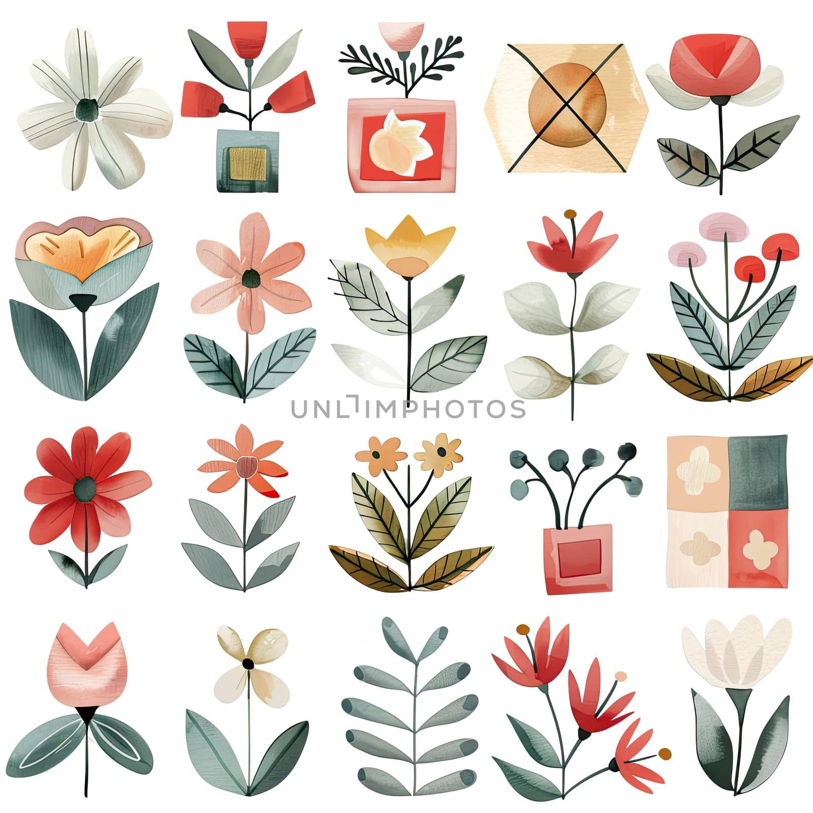 A playful arrangement of various floral illustrations including bold red, soft pink, and yellow flowers surrounded by green leaves and geometric shapes, radiating creativity.