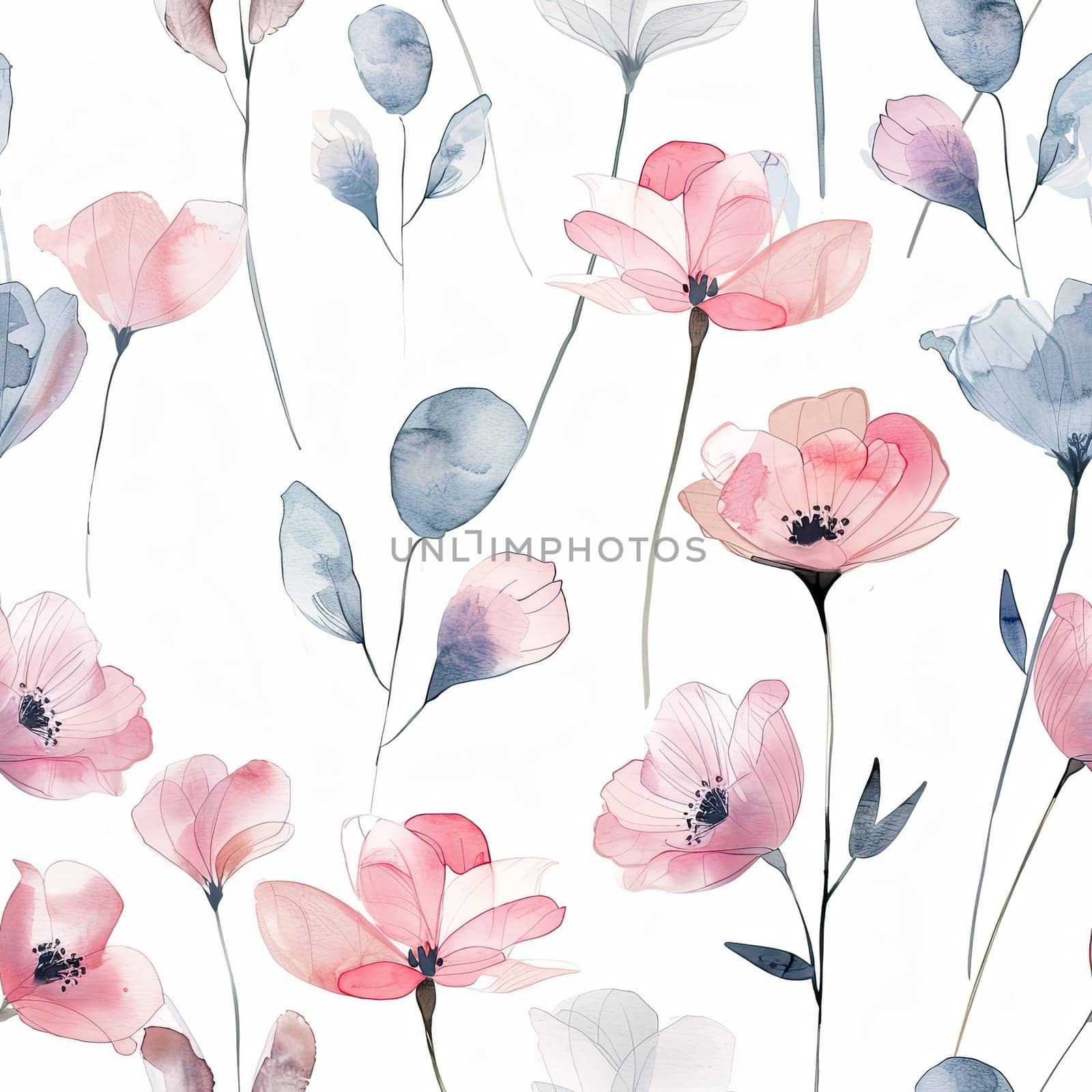 This artwork showcases a collection of delicate watercolor flowers in soft pink and blue hues, beautifully arranged against a bright white backdrop, creating a serene and enchanting atmosphere.