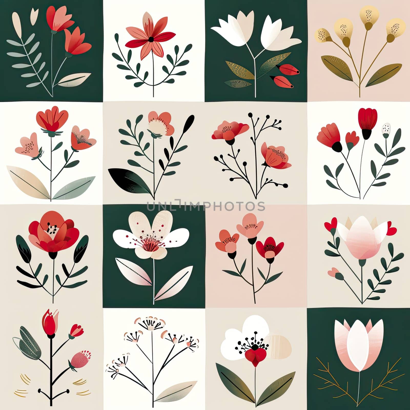 The artwork showcases a vibrant arrangement of various floral patterns and colors, creating a quilt-like design that highlights the beauty of different flowers.