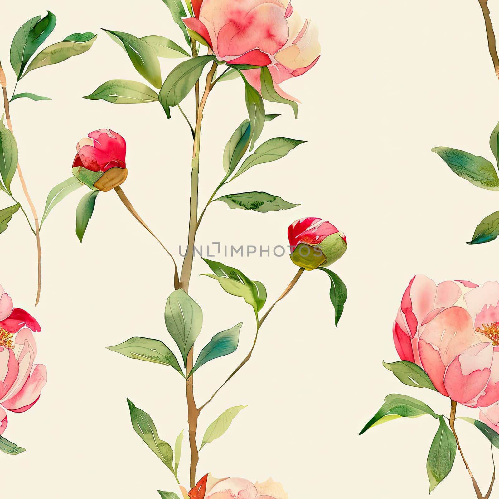 A beautiful watercolor illustration showcases soft pink and red peonies intertwined with lush green leaves against a warm beige backdrop, ideal for decorative purposes.
