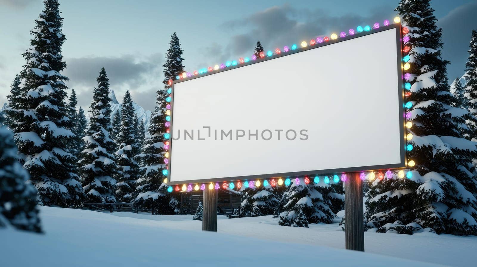 blank billboard surrounded by snow covered trees creates serene winter scene.