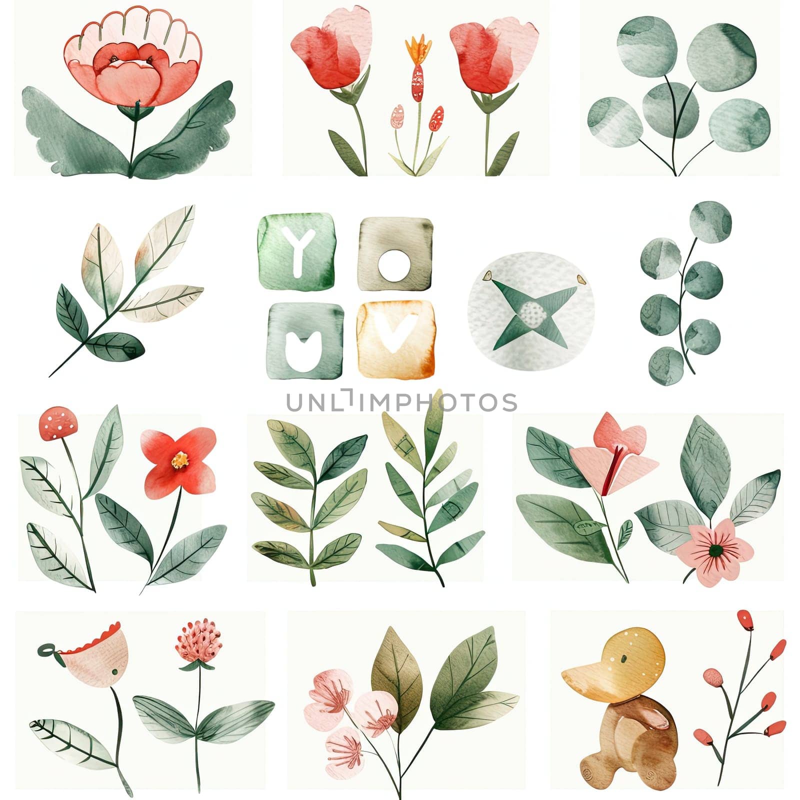 A collection of watercolor illustrations showcases a vibrant array of flowers, leaves, and a charming yellow duck. The artwork highlights playful and natural elements in a grid layout.