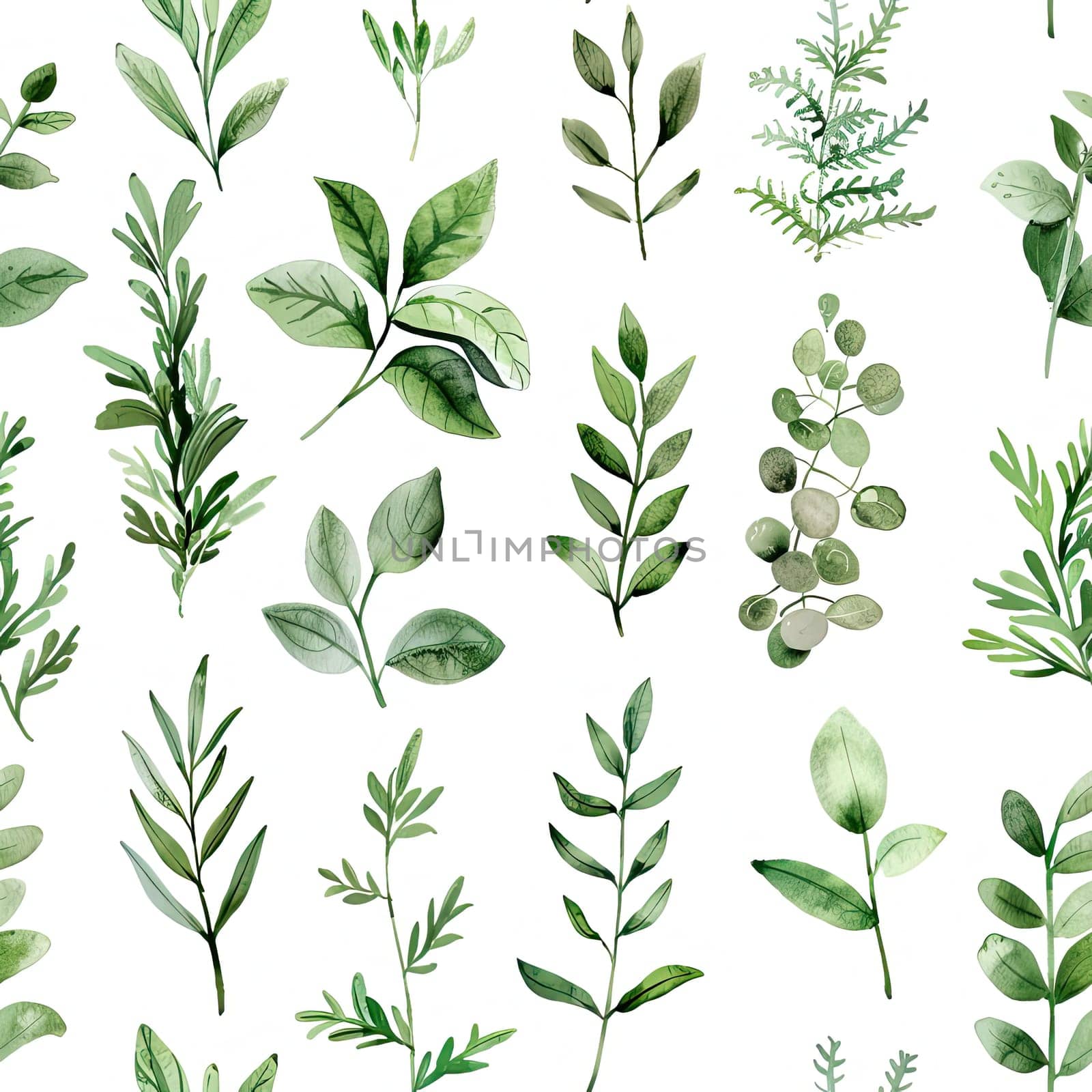 An artistic arrangement displays various green leaves on a white background, highlighting their unique shapes and shades in a natural composition.