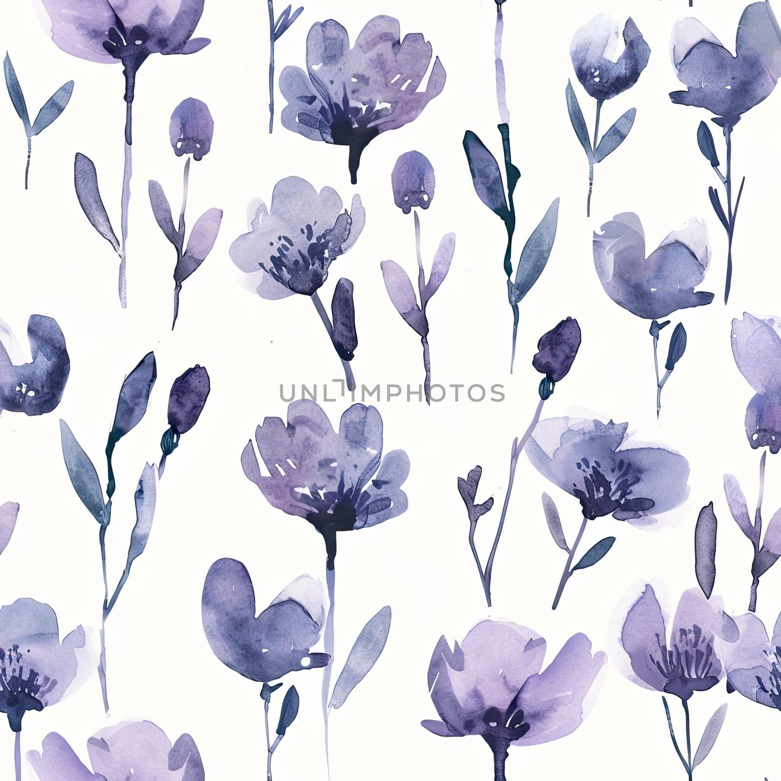 A collection of softly painted purple flowers and green leaves in various shapes and sizes, creating a serene backdrop filled with natural beauty.