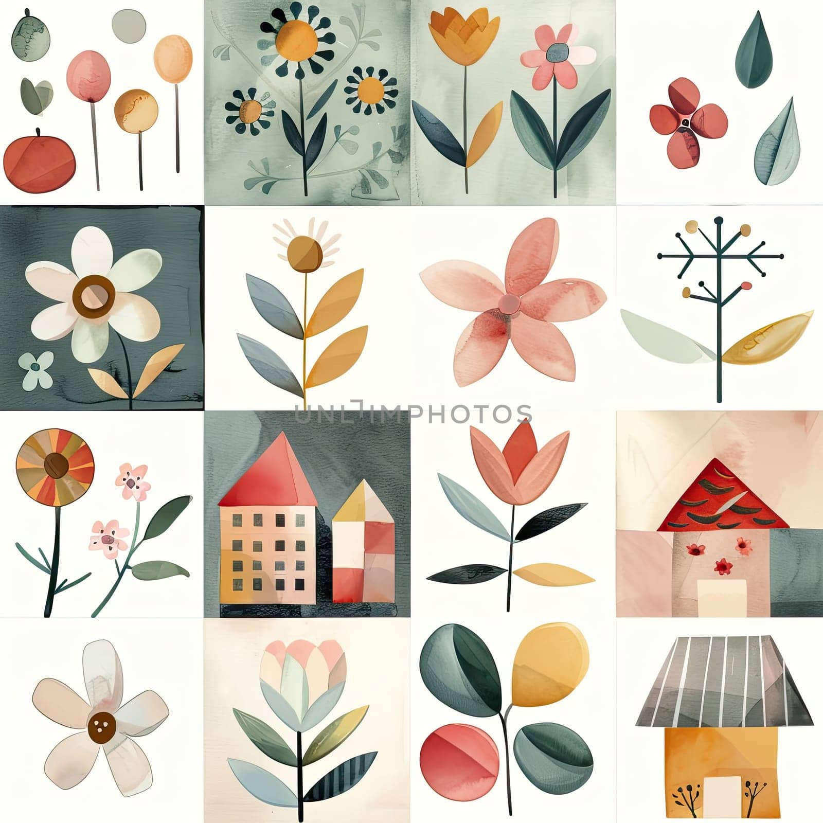 A collection of artistic illustrations featuring flowers, leaves, and houses in warm tones arranged in a grid format.