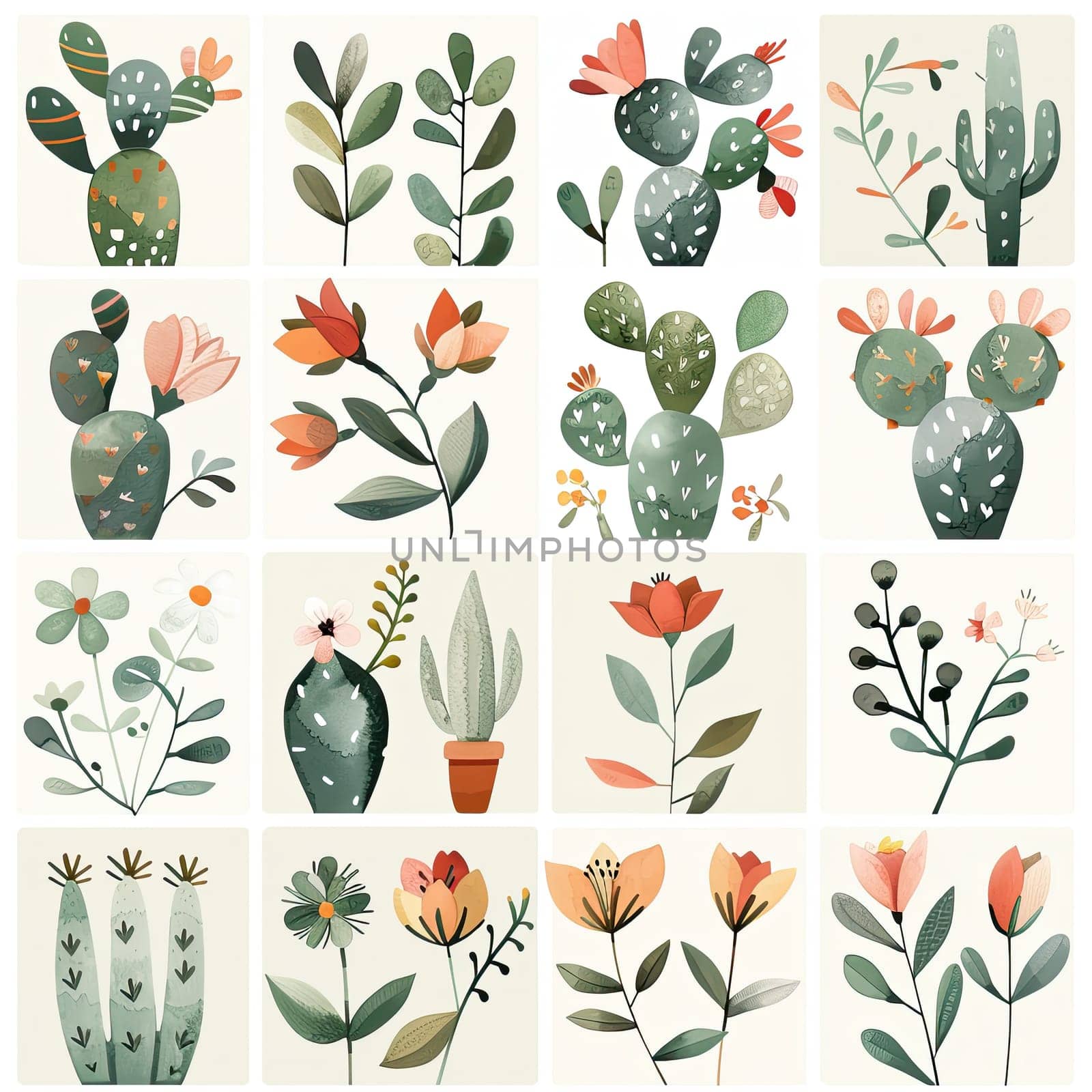 The artwork showcases a vibrant collage of cacti and flowers, displaying intricate details and textures against a soft backdrop, highlighting nature's beauty.