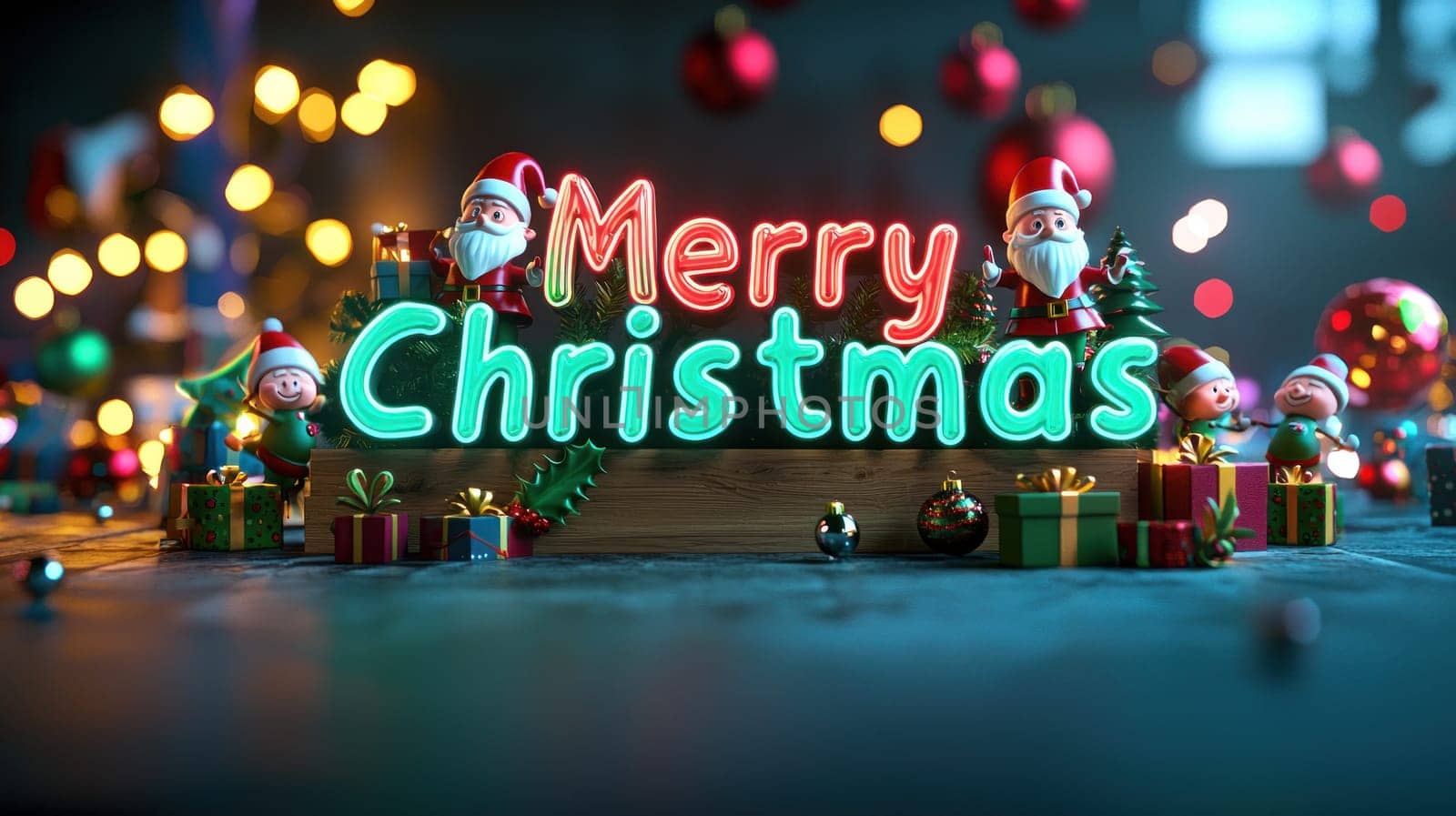 Merry Christmas festive background with colorful decorations and cheerful characters.
