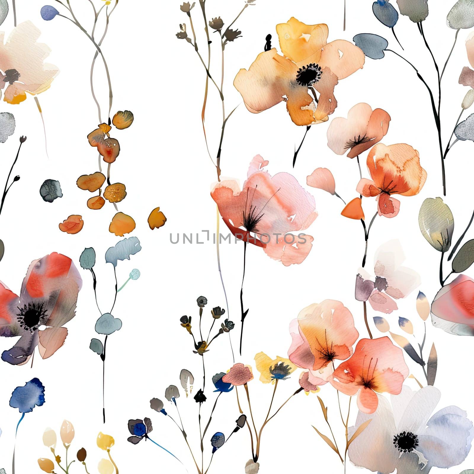 This artwork features a lively arrangement of watercolor flowers, showcasing an array of soft colors like pink, orange, and blue. The delicate stems add elegance to the composition.