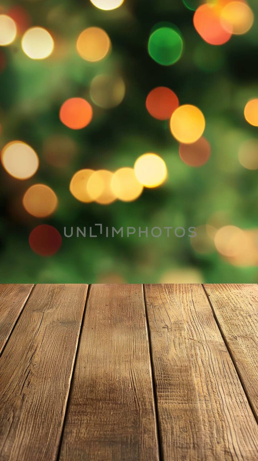Bright wooden table with festive bokeh background, perfect for holiday gatherings.