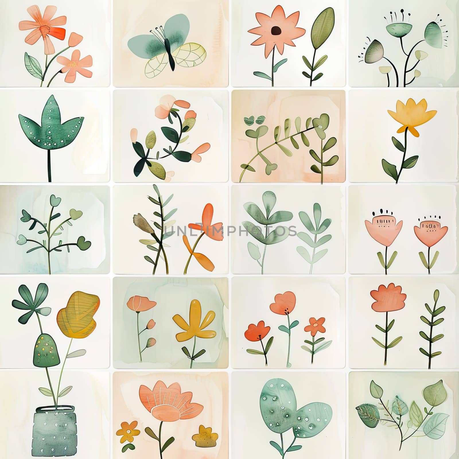 This artwork showcases a series of beautifully rendered watercolor illustrations featuring various flowers, leaves, and butterflies. Each piece captures the delicate essence of nature.