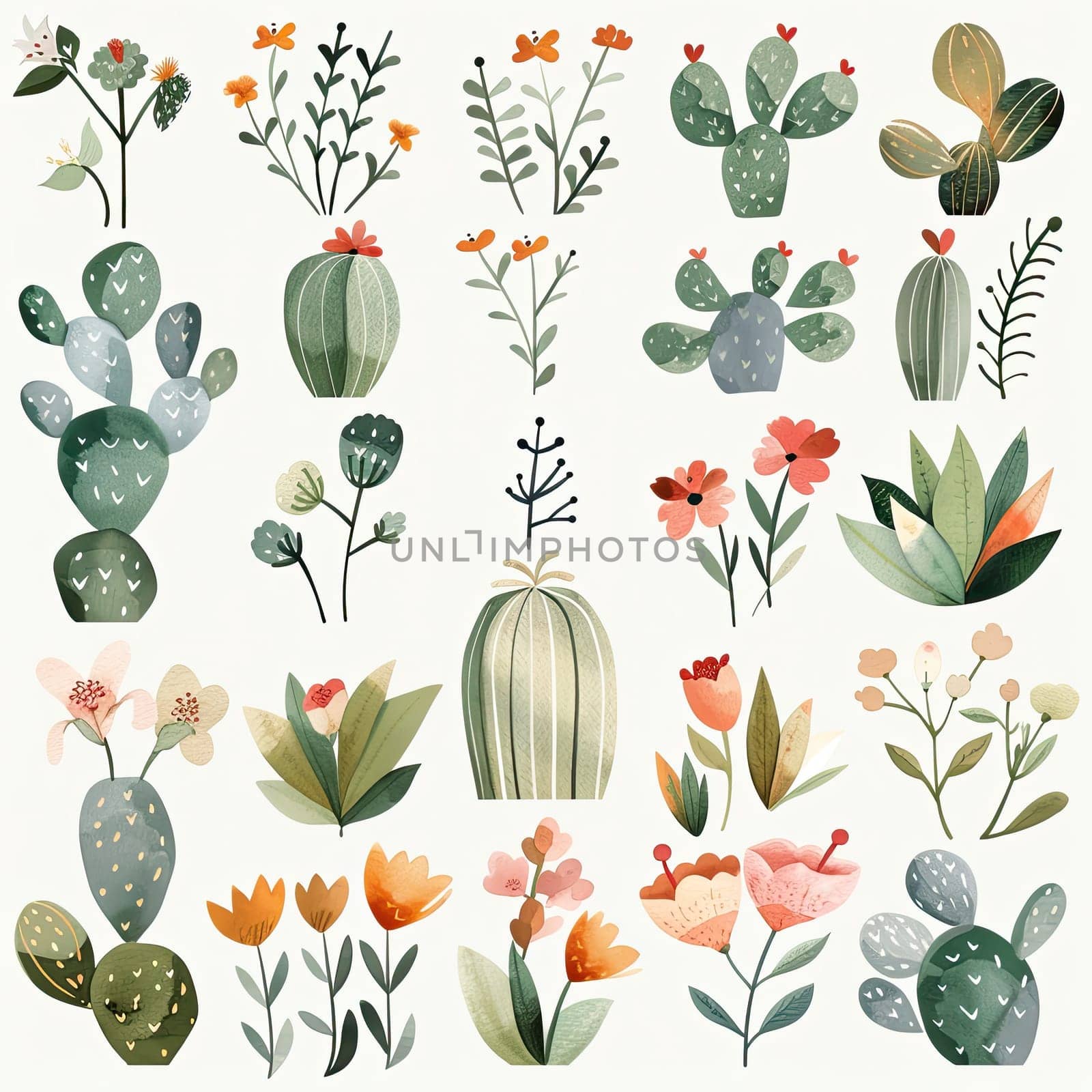 A vibrant collection showcases different types of cacti and flowering plants arranged in a systematic design, featuring diverse colors and shapes, perfect for nature lovers.