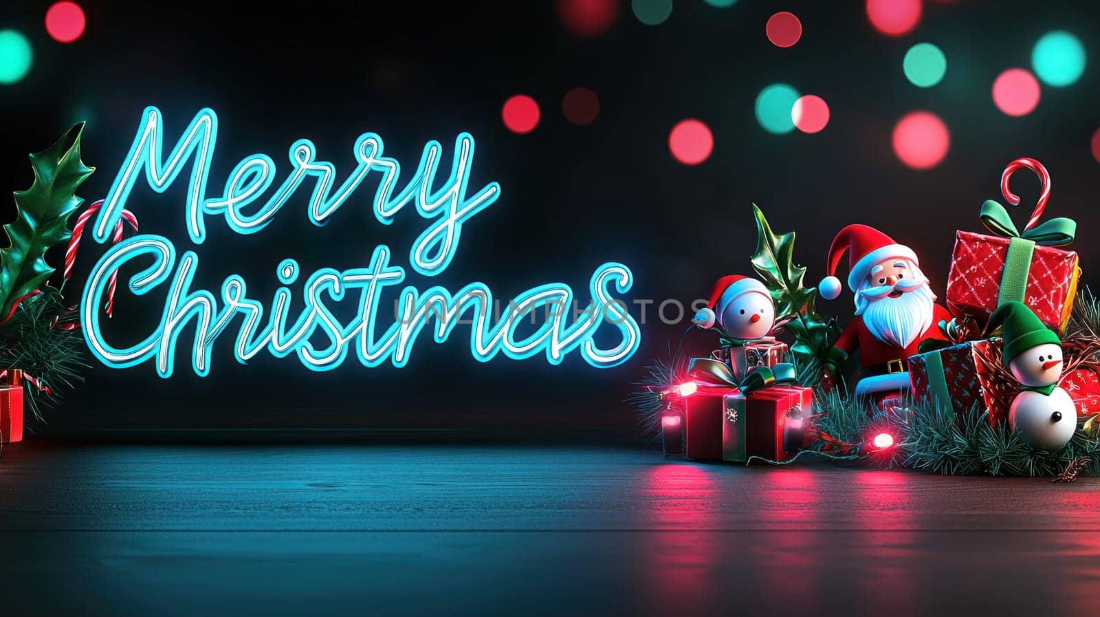 Merry Christmas with festive decorations and vibrant colors creates joyful atmosphere.