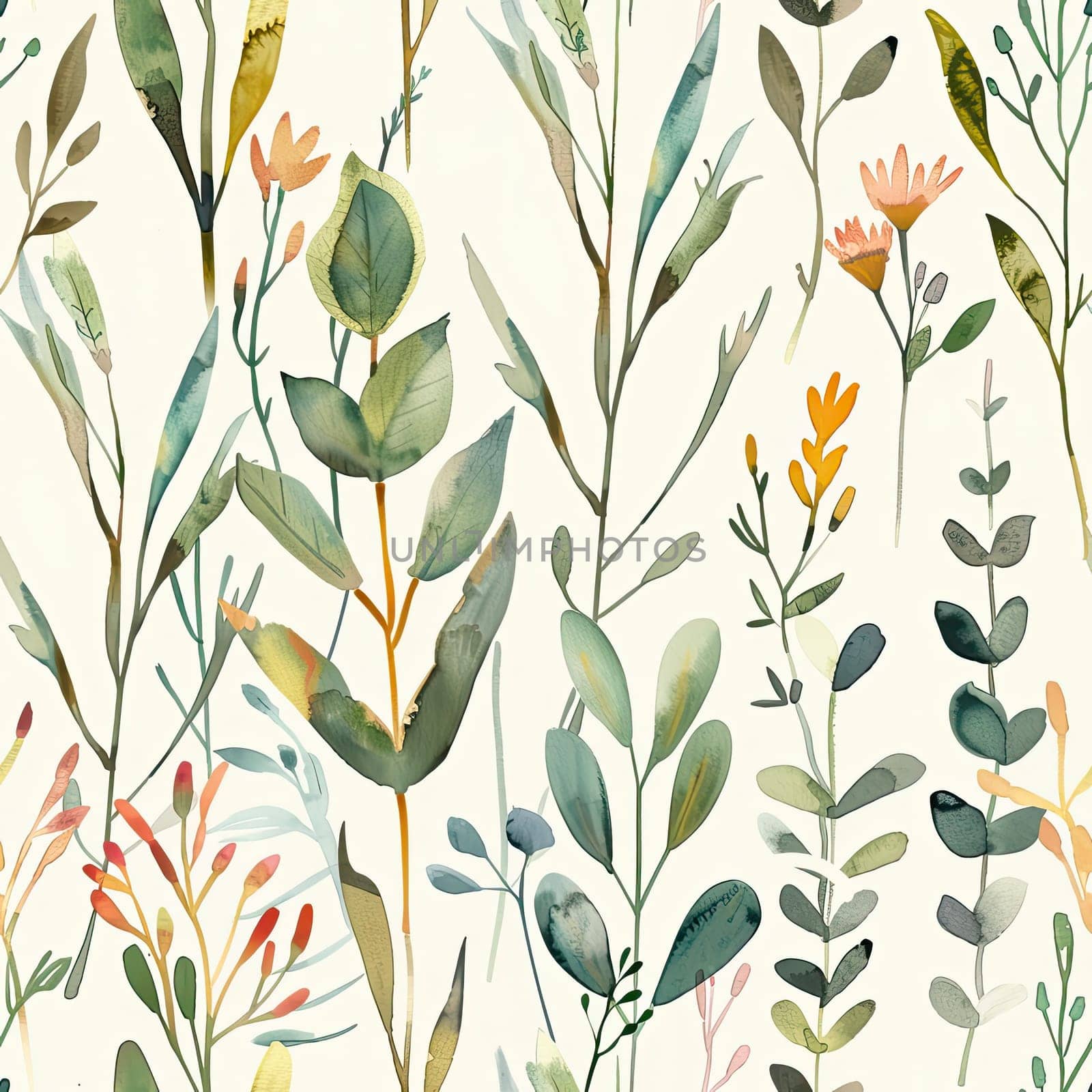 A beautiful botanical illustration showcases various plants and flowers in vibrant watercolor style, creating a serene and artistic atmosphere.