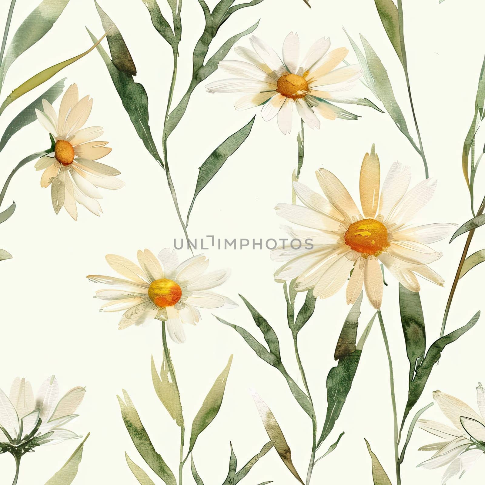 A beautiful display of delicate daisies and green leaves creates an elegant pattern, evoking a sense of calmness and natural beauty in a light setting.