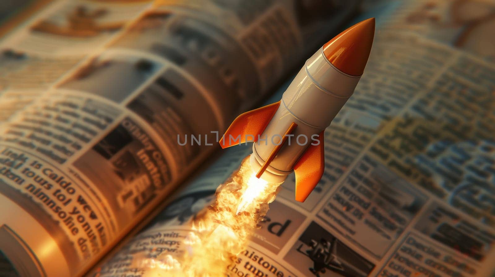 A photorealistic depiction of a rocket launching from a business journal, representing the beginning of innovative ideas through research and development. the scene features clean, sharp details emphasizing progress.