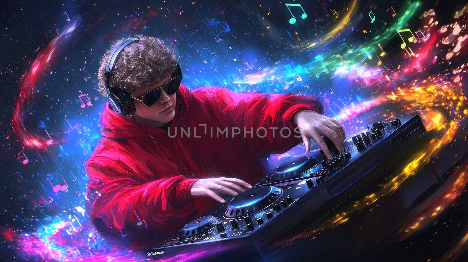 young male DJ with headphones and sunglasses creates vibrant music.