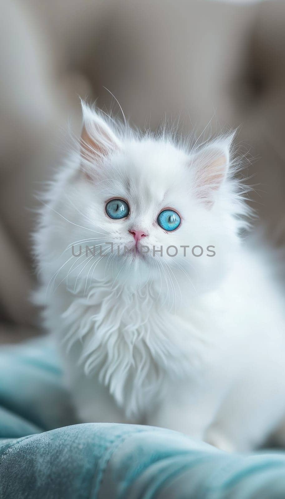Close-up of a fluffy white persian kitten with striking blue eyes on a velvet cushion. the soft lighting and luxurious setting enhance its elegance, ideal for premium design, decor, or pet-themed print projects.