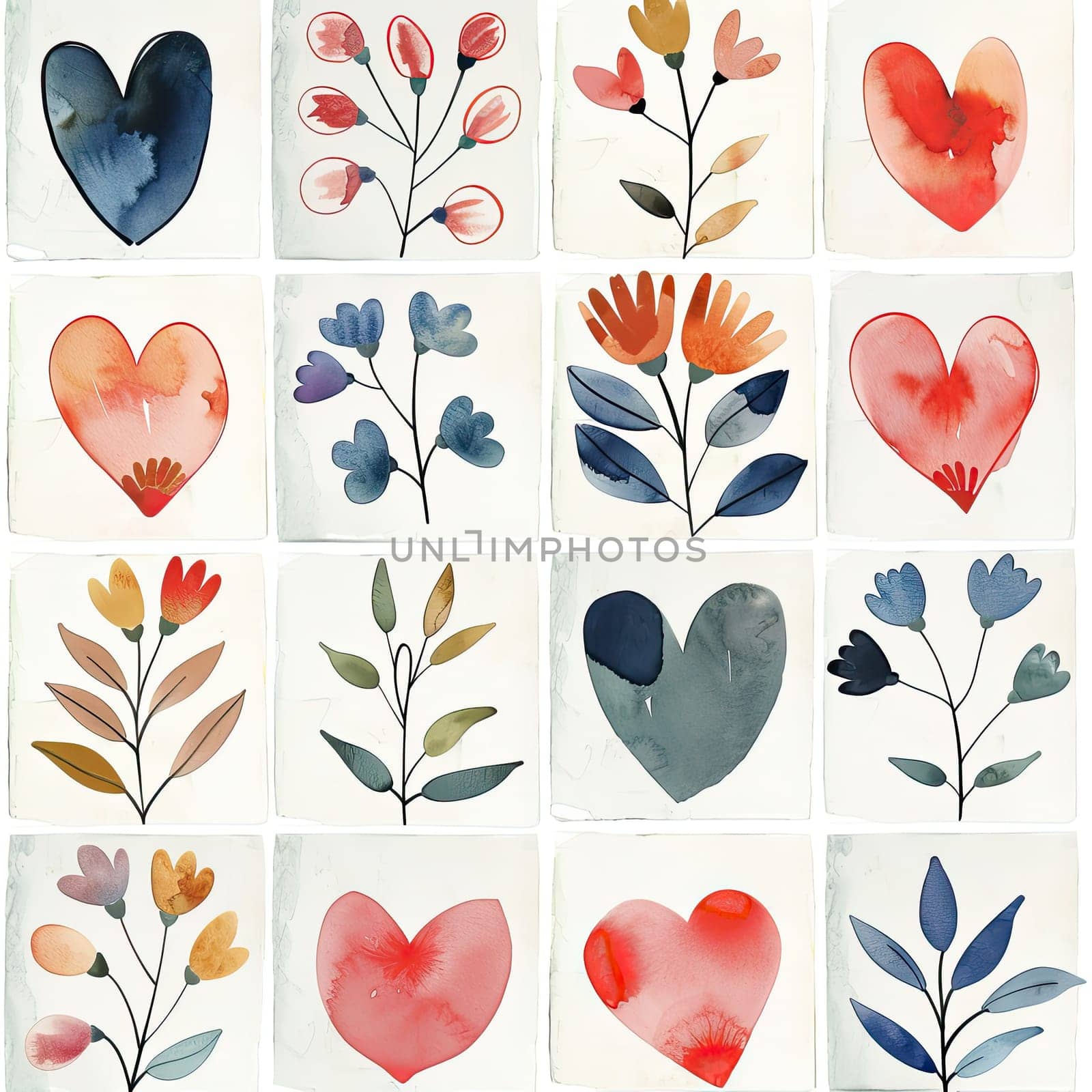 This artwork features a grid of watercolor drawings, including various hearts and floral motifs in vibrant colors, displaying creativity and artistic flair.