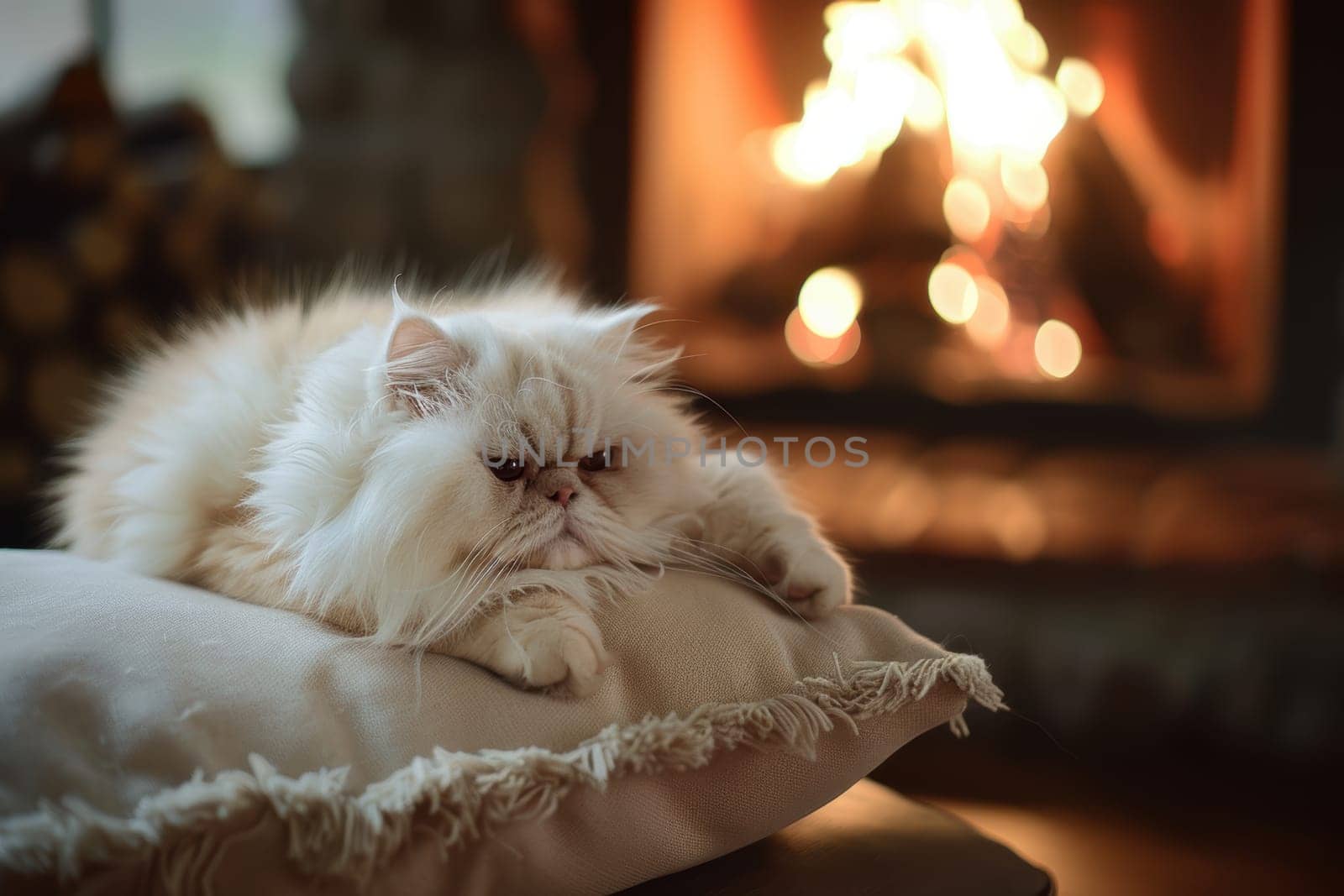 Fluffy white persian cat resting on a cushion in front of a blazing fireplace. warm, ambient light enhances the cozy atmosphere, perfect for winter-themed designs or pet-related content.