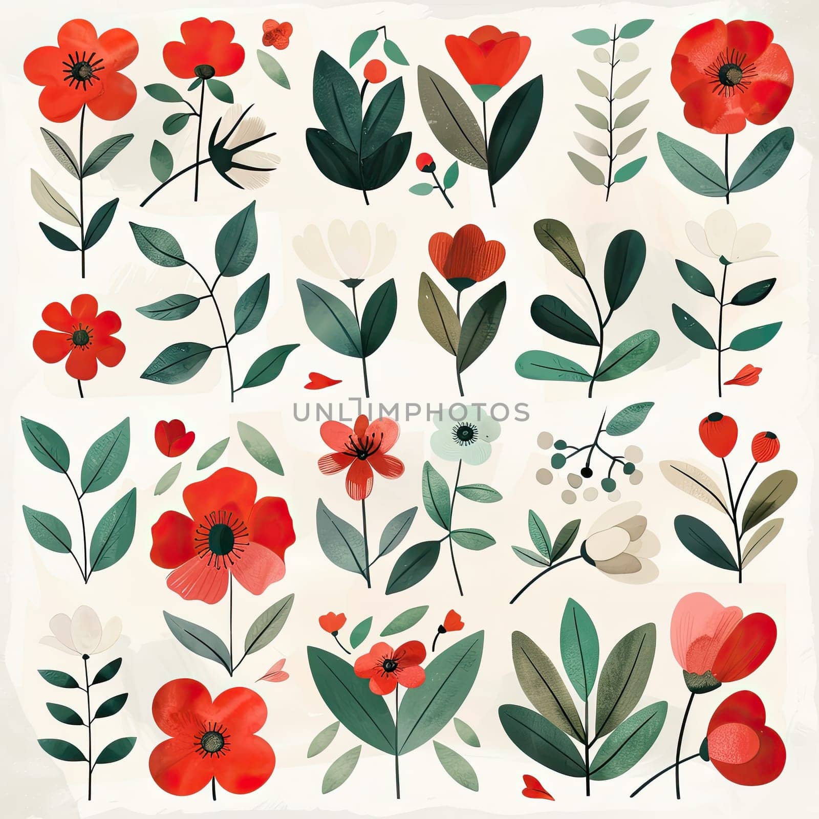A vibrant floral pattern features various red flowers and lush green leaves against a soft background, highlighting the beauty of nature in a colorful design.