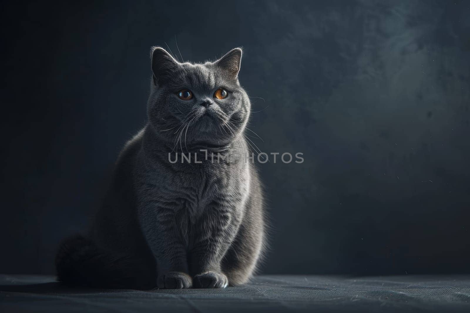 British shorthair cat with plush coat and amber eyes, sitting elegantly against a dark studio backdrop. the lighting highlights its distinctive features, making it perfect for posters and print media.
