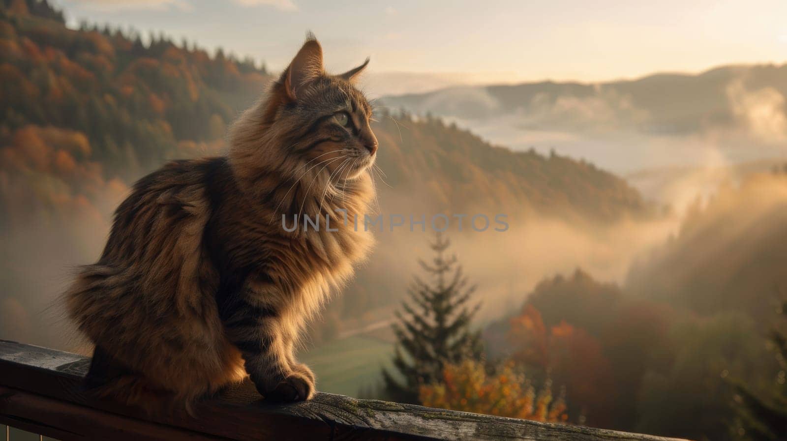 Norwegian forest cat perched majestically on a wooden railing, gazing at a foggy mountain landscape at sunrise. the serene autumn background highlights the cat's regal posture, adding to the tranquil, natural setting.