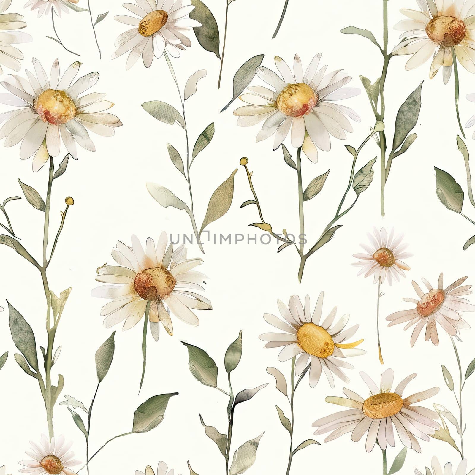 A collection of white daisies with subtle yellow centers and delicate green leaves is beautifully arranged on a soft cream backdrop, perfect for floral designs.