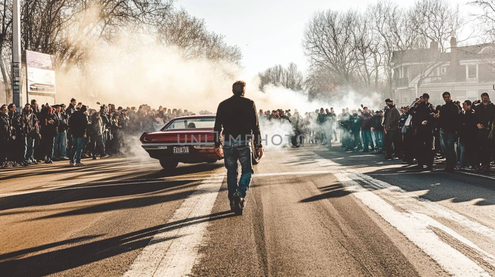 Powerful sports cars race through city streets at sunset, leaving a trail of smoke, thrilling spectators with high speed action