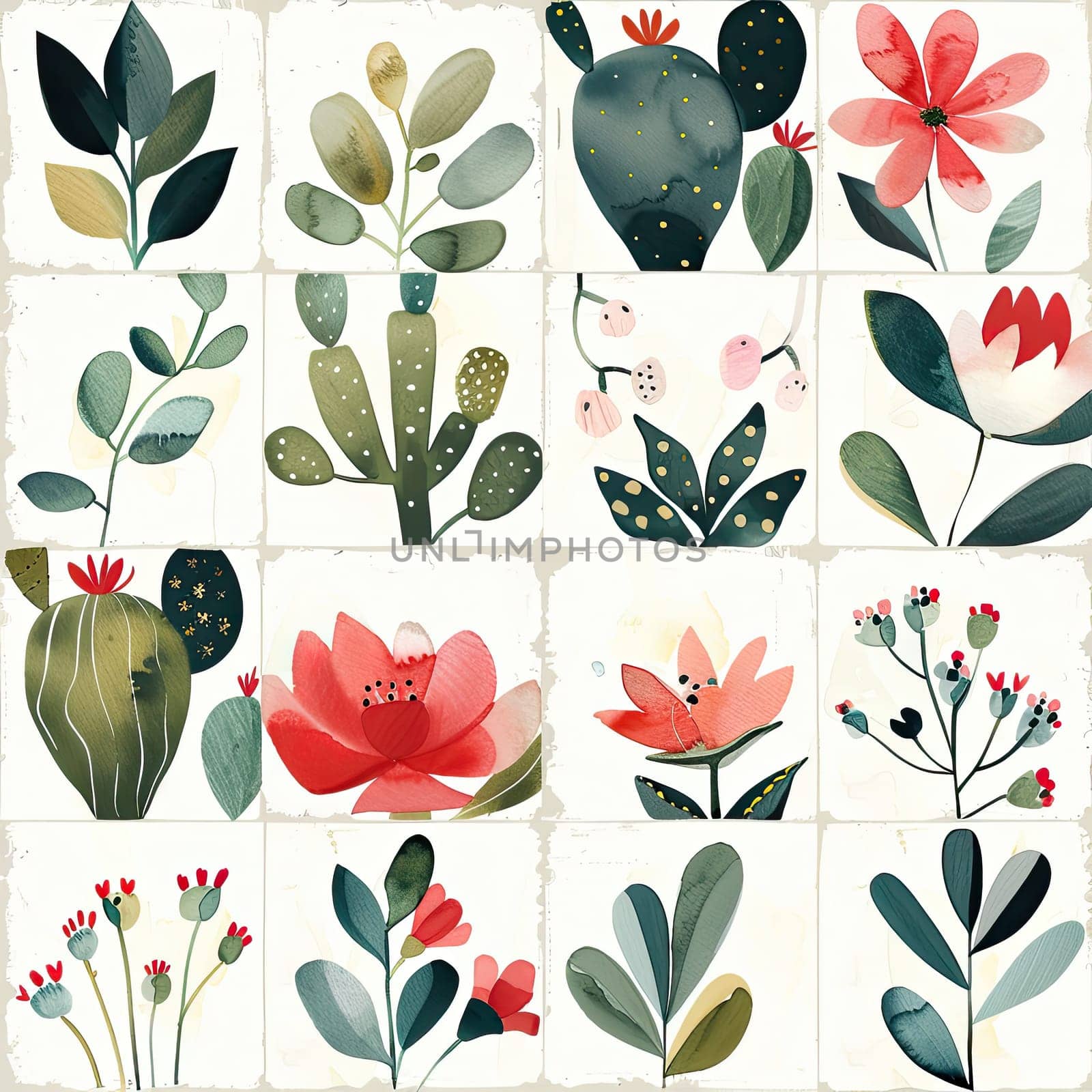 A vibrant grid display showcases a variety of hand-drawn botanical elements, featuring lush greens, bright flowers, and unique plant shapes that celebrate nature's beauty.
