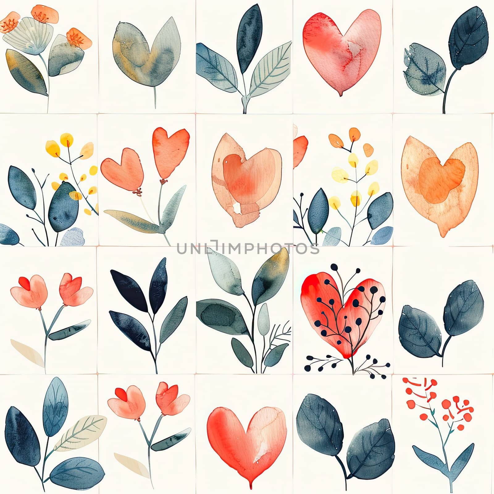 A collection of watercolor designs featuring flowers and heart shapes, arranged in a grid. This artwork blends various soft colors and forms beautifully.