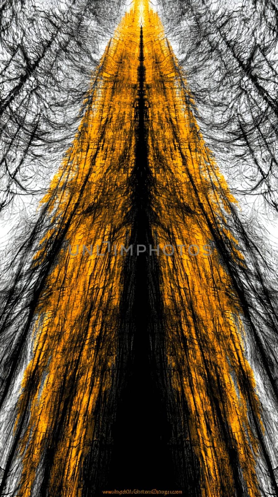 Step into an enchanting forest with golden trunks and black branches creating a symmetrical path towards the light, filled with contrast and beauty, inspiring and captivating