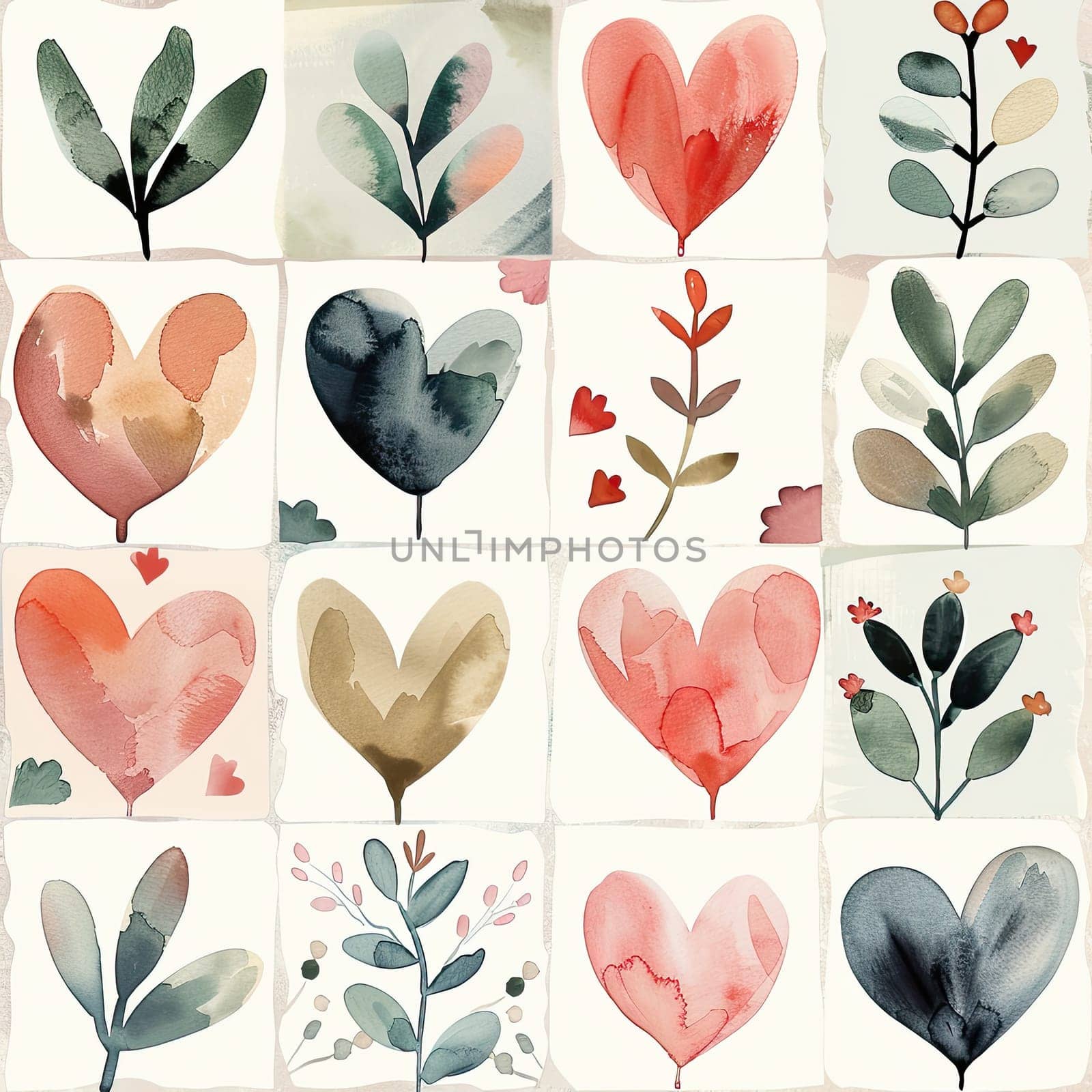 A grid layout filled with watercolor hearts and botanical illustrations showcasing diverse shapes and colors, perfect for creative projects or decoration.