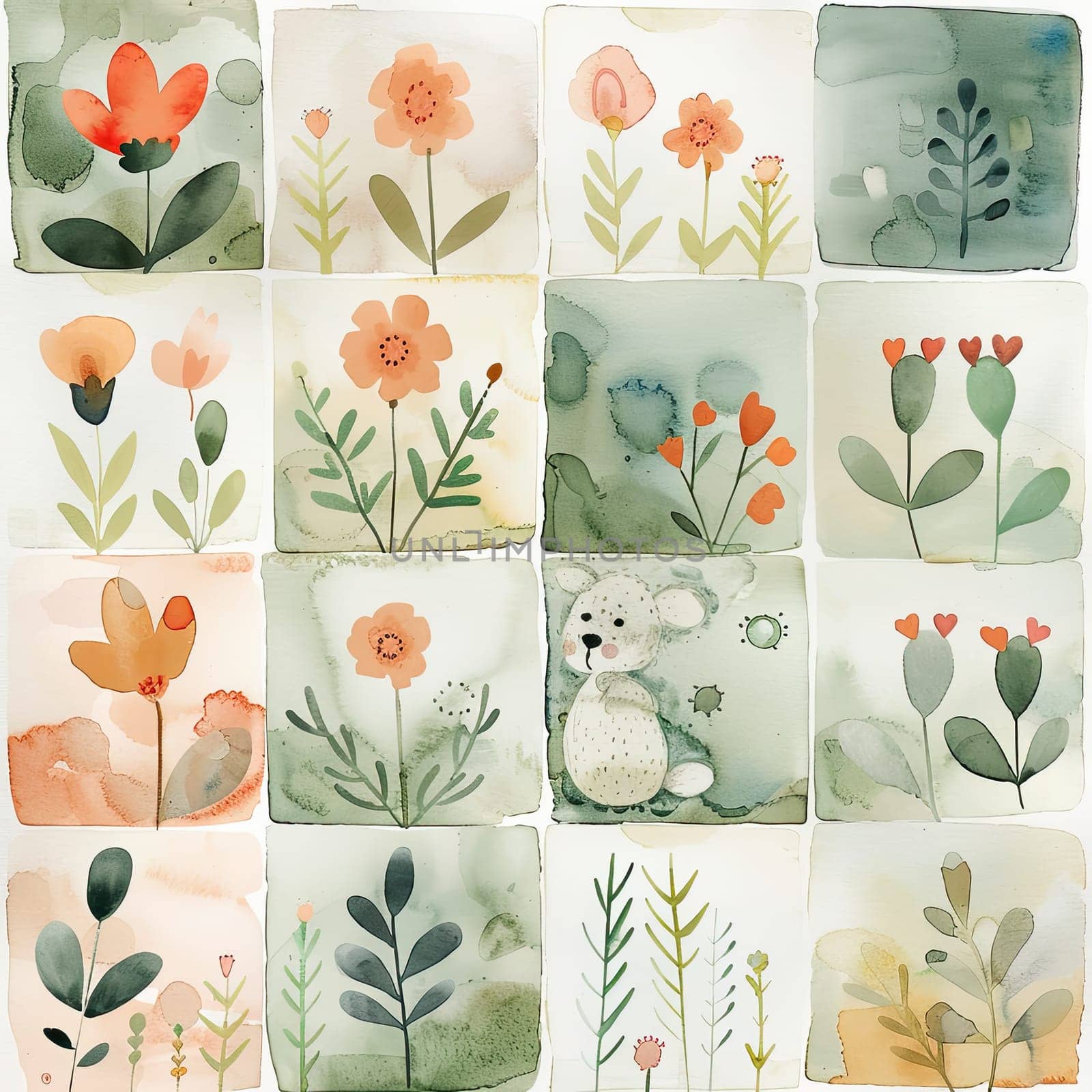 A cheerful collection of watercolor illustrations features various flowers in soft colors alongside a whimsical bear, ideal for brightening up children's spaces or art projects.