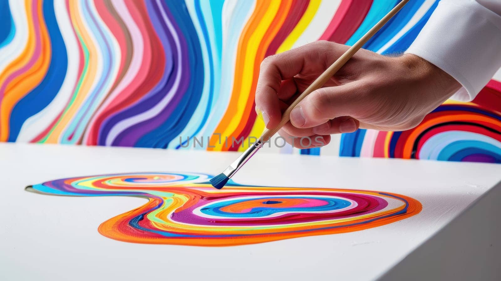 A businessperson's hand skillfully paints vibrant, abstract patterns on a white canvas, symbolizing creativity and innovation in the professional world. the swirling colors and intricate design emphasize artistic expression.