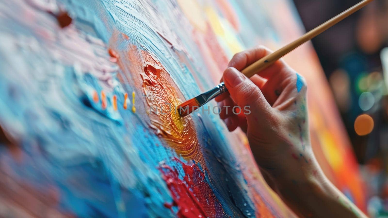 A businessperson's hand expertly wields a paintbrush, forming a vibrant upward graph symbolizing financial creativity and success. set in a clean, modern office, the scene merges art with business innovation.