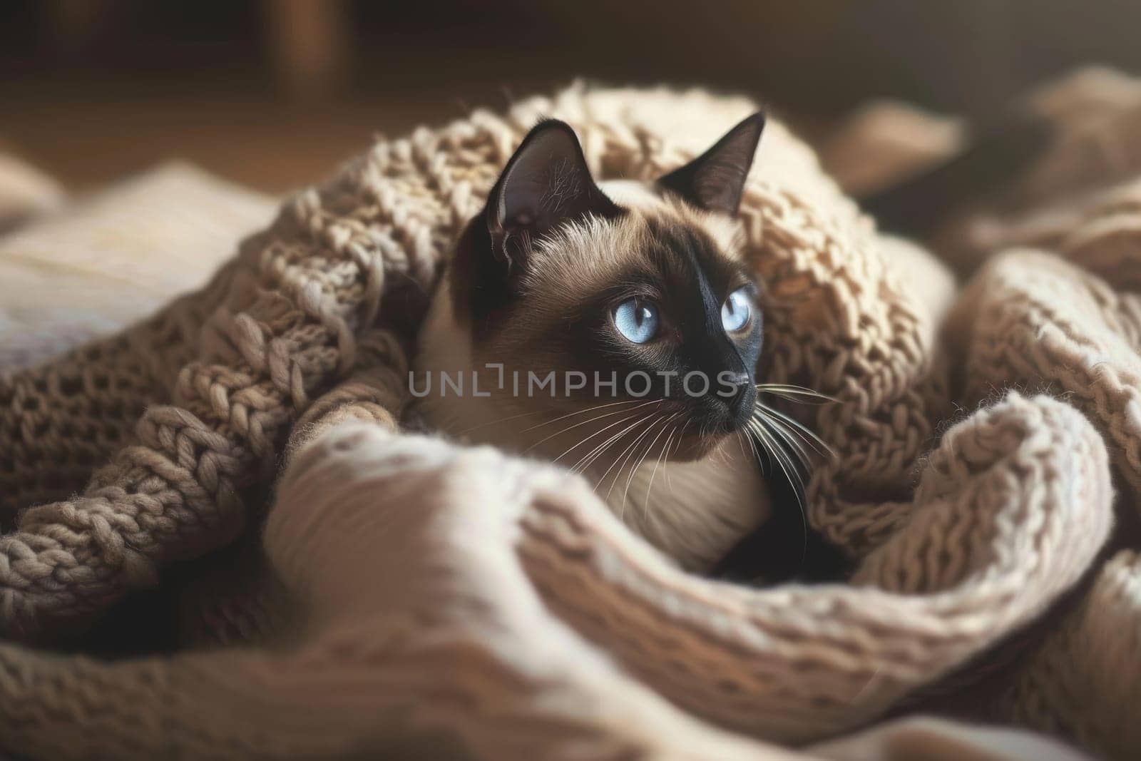 A siamese cat with striking blue eyes is nestled among soft, knitted blankets, creating a warm and inviting indoor atmosphere. the cat gazes attentively to the side, capturing a serene moment of tranquility.
