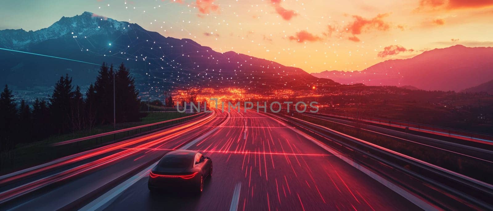 Futuristic car is driving on a highway at night, with a network of connected devices overlaid on the landscape. This image evokes the future of transportation and the internet of things