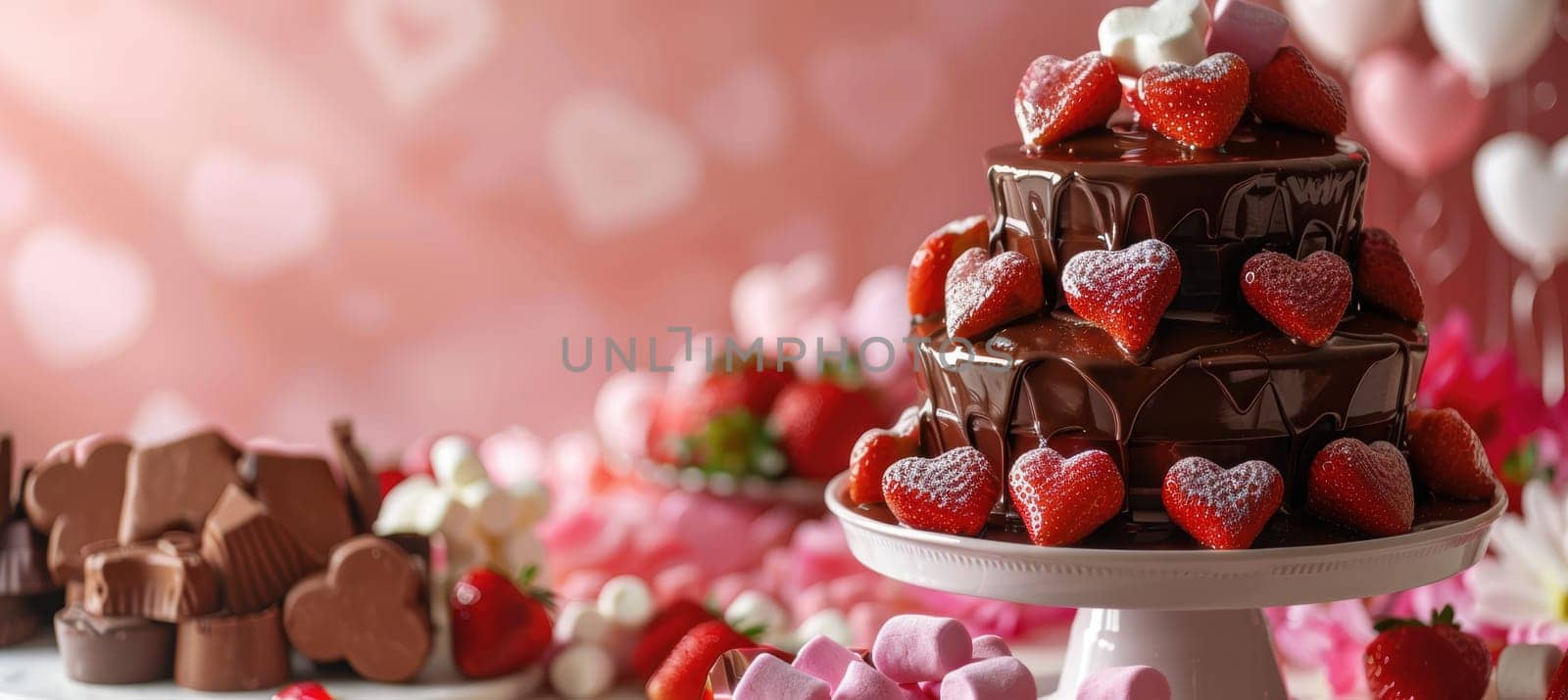 A decadent chocolate fountain adorned with fresh strawberries, marshmallows, and heart-shaped cookies on a tiered stand. ideal for creating a romantic ambiance during a valentine's day celebration or special event.