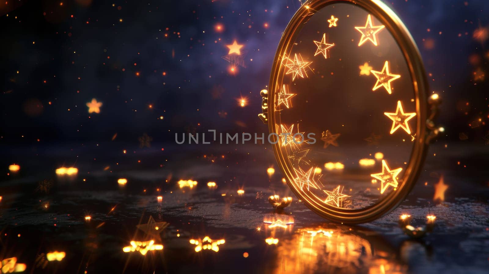 A photorealistic mirror reflects a path of glowing stars, symbolizing achievements and milestones enhancing reputation. the soft, vibrant lighting adds a dreamlike ambiance to this ethereal scene, ideal for inspiring designs.