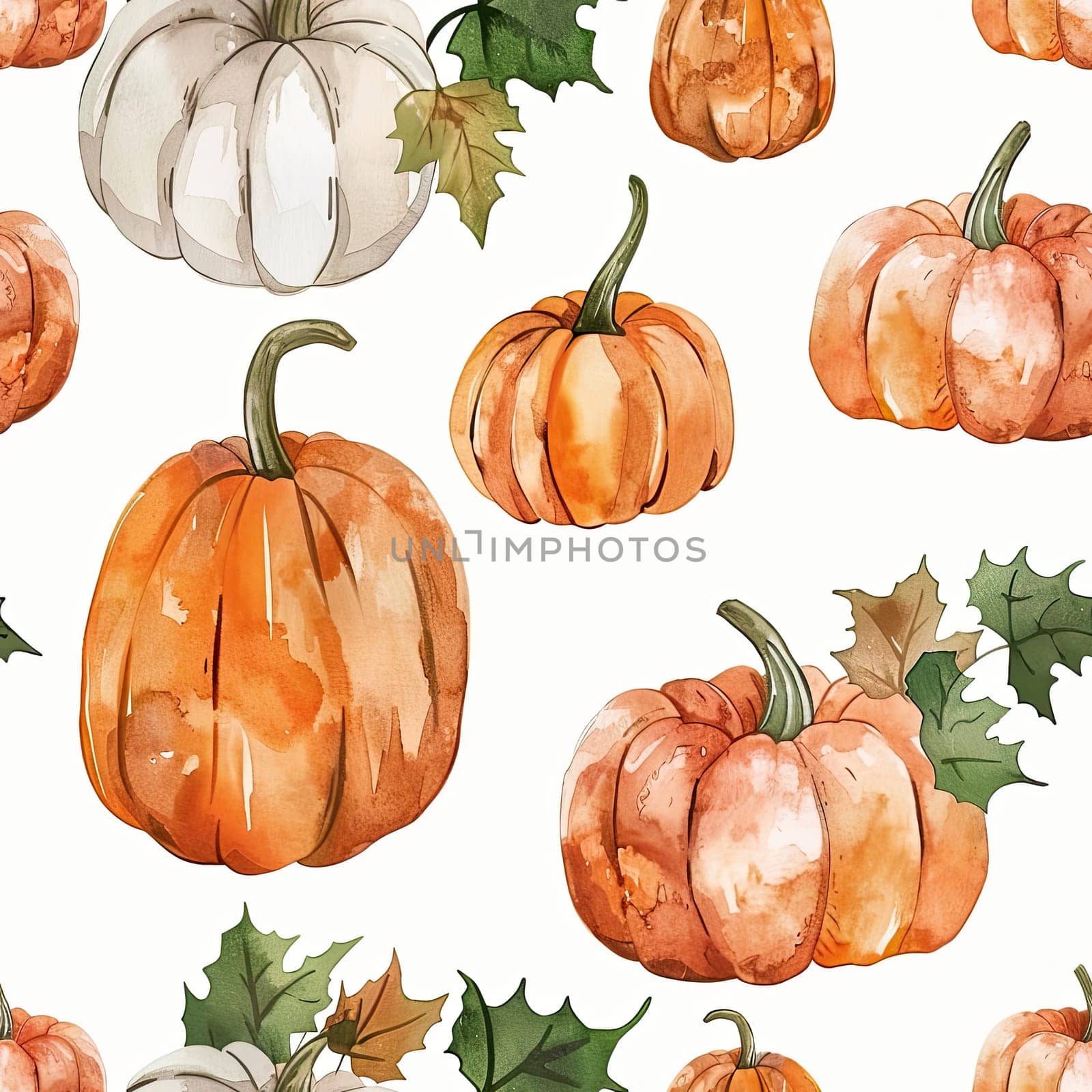 Watercolor illustrations of various pumpkins in orange and white, surrounded by green leaves on a soft light backdrop.