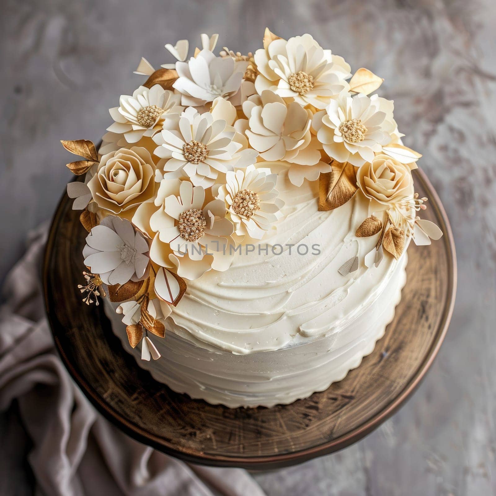 A beautifully crafted cake topped with delicate white floral decorations, showcasing an elegant design suitable for weddings and festive gatherings.