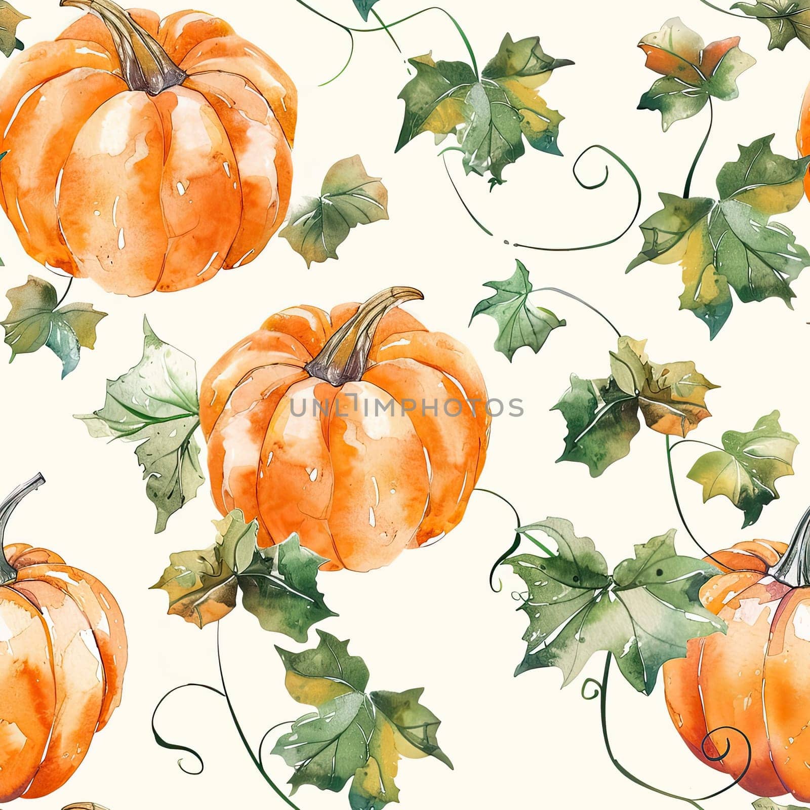 Colorful pumpkins intertwined with green vines create a vibrant autumn pattern against a soft background.