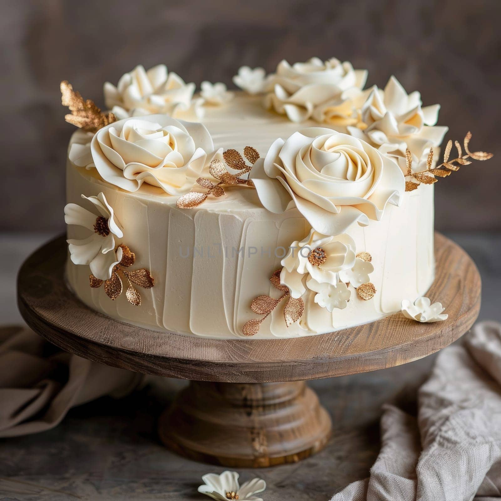 A beautifully crafted white cake adorned with delicate golden roses and flowers sits elegantly on a wooden cake stand, capturing the soft ambiance of its surroundings.