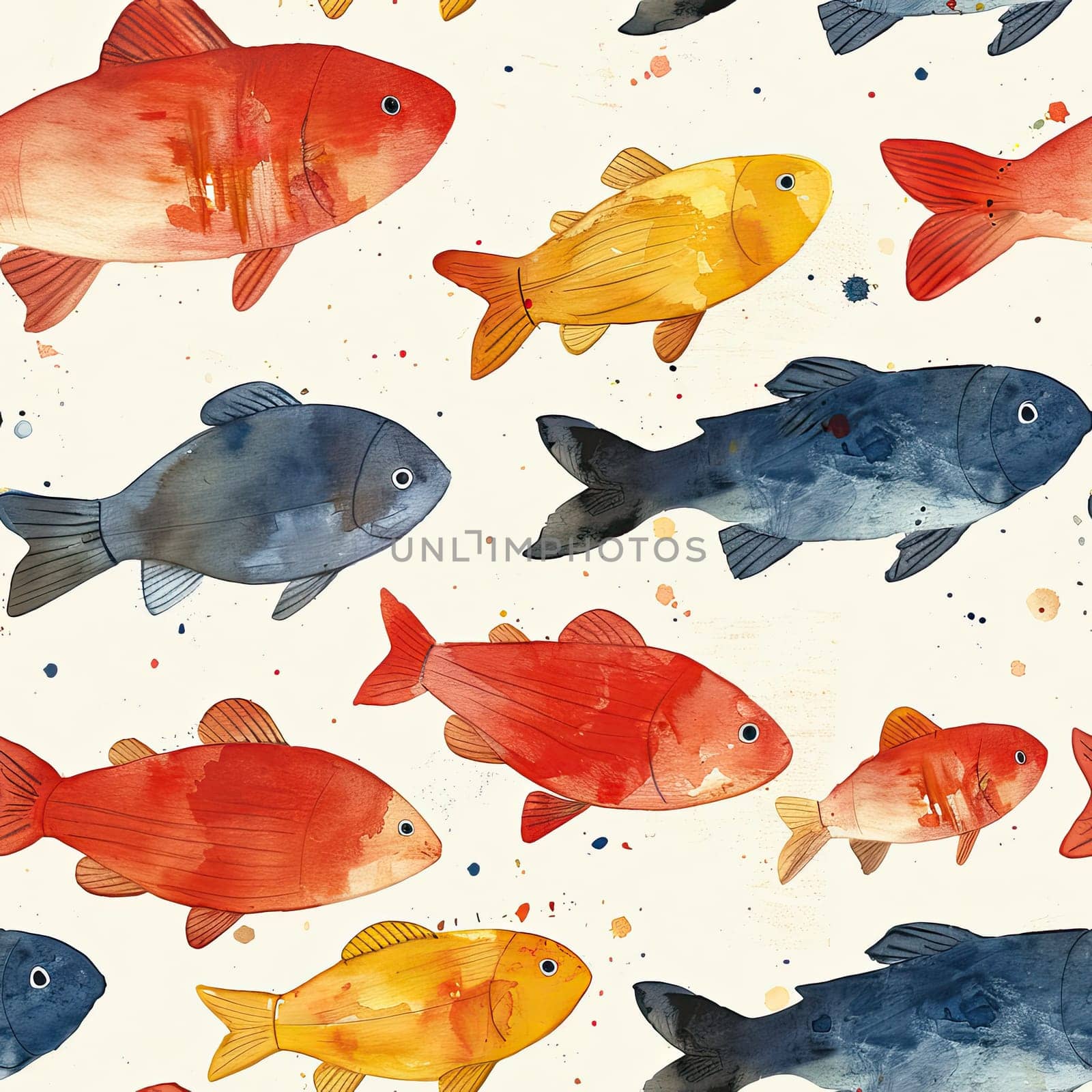 A variety of vibrant fish in different colors swim harmoniously on a light backdrop, creating a cheerful and colorful pattern.