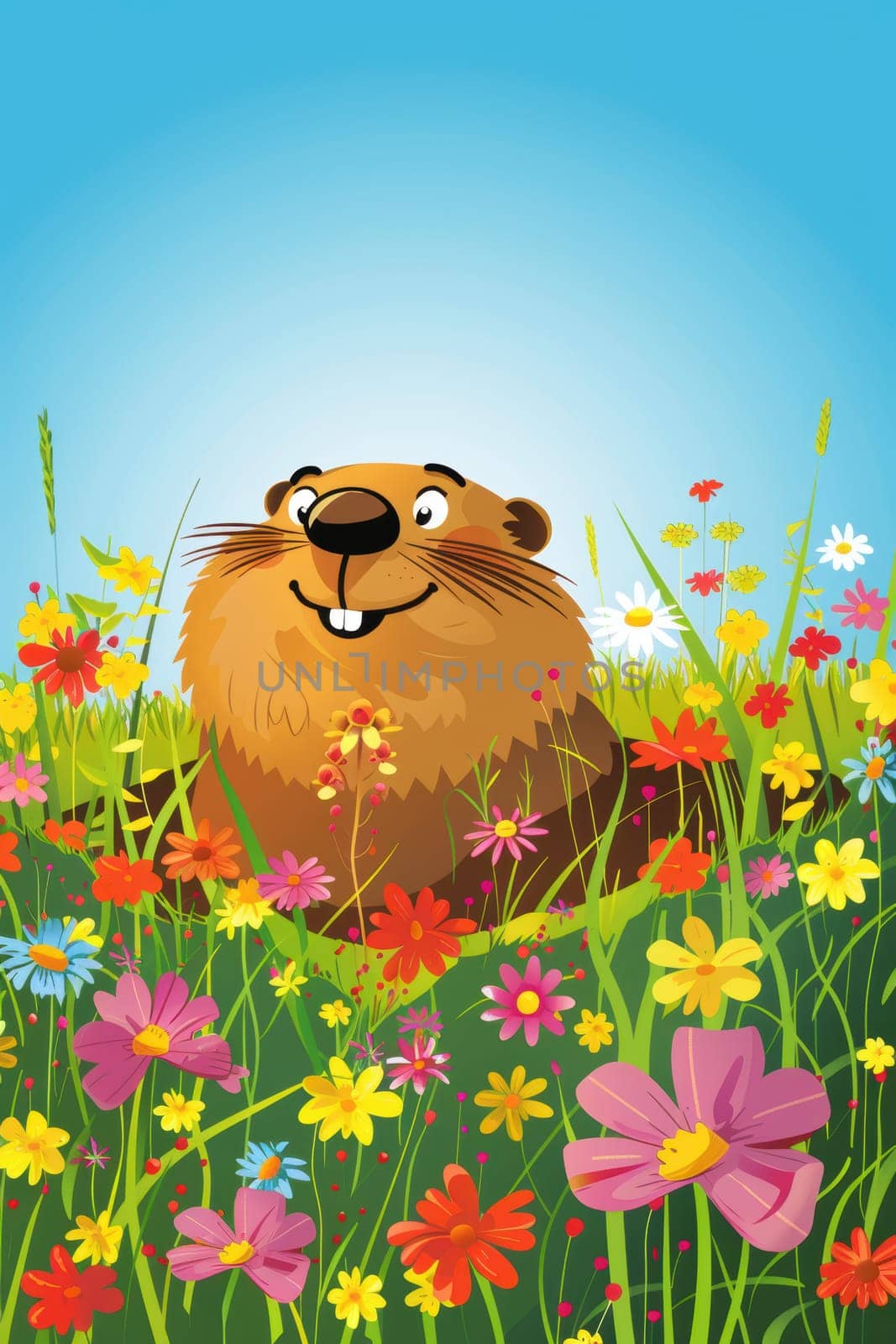 A delightful groundhog day card featuring a smiling groundhog surrounded by colorful wildflowers under a bright blue sky. the vibrant scene offers ample space for text, making it perfect for festive greetings.