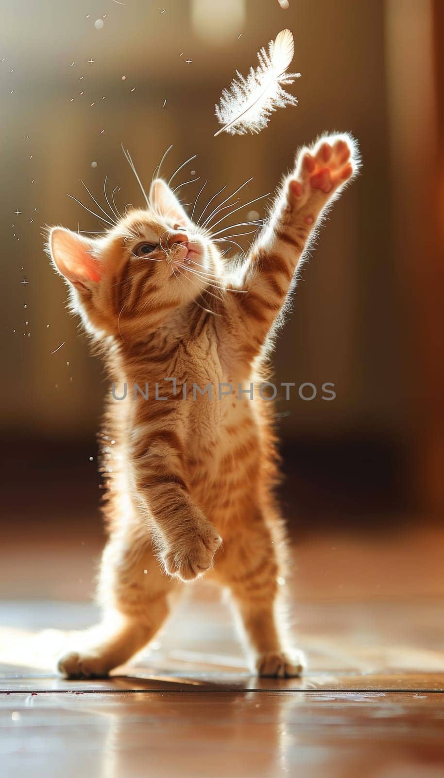 Lively orange tabby kitten stands energetically on a wooden floor, reaching toward a feather toy. the scene kitten's playful and curious nature, making it ideal for promoting pet-related products or content.