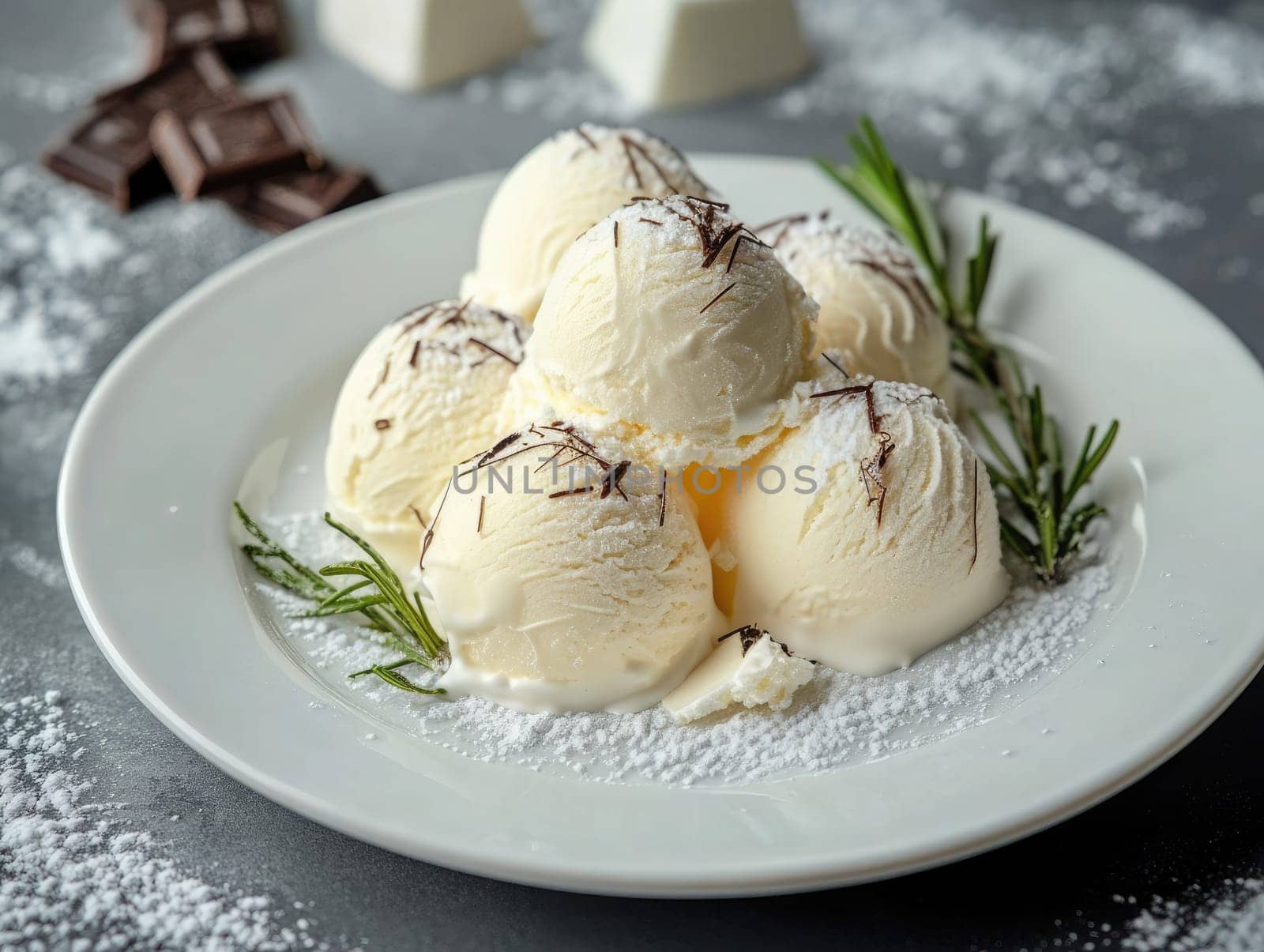 A plate displays multiple scoops of rich vanilla ice cream topped with delicate chocolate shavings and fresh herbs, surrounded by powdered sugar.