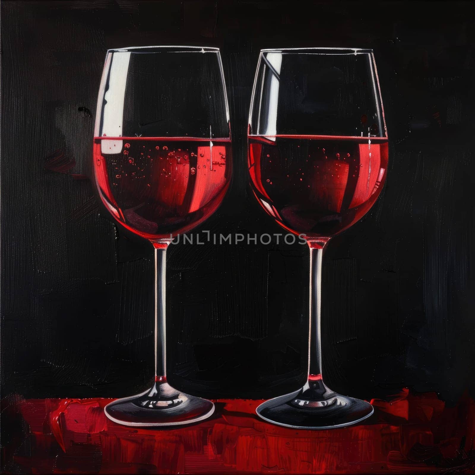 Two wine glasses brimming with rich red liquid sit against a dark background, highlighting the clarity and effervescence of the wine. The glasses reflect light gracefully.
